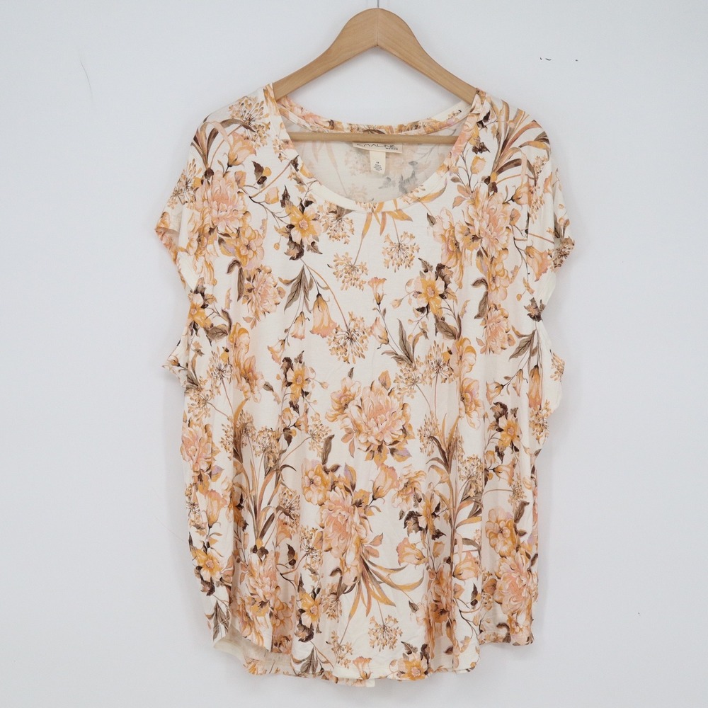 Emaline Woman Top Womens 2X Floral Orange Cap Sleeve Scoop Neck Excellent